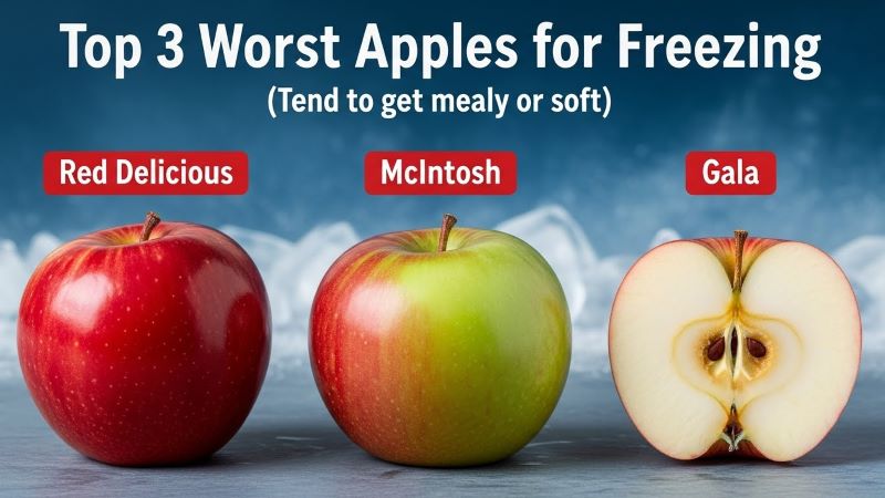 "Three apple varieties — Red Delicious, McIntosh, and Gala — shown fresh and thawed after freezing. The thawed halves reveal a mealy, soft, and mushy texture. Labeled as the top 3 worst apples for freezing because they tend to get mealy or soft."