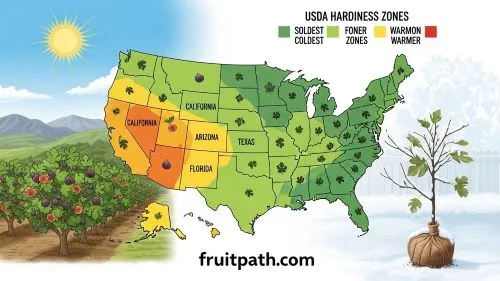 Map of the United States showing USDA hardiness zones for fig growing with warm southern and western states highlighted and a potted fig tree in a cold northern climate.