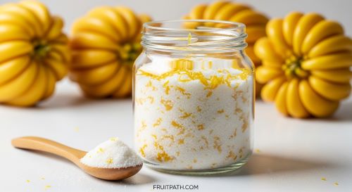 White sugar infused with Buddha’s Hand citrus zest in a glass jar for baking and cooking.