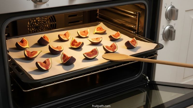 “How to dry figs in the oven at home showing halved figs on a parchment-lined baking tray drying at low temperature.”
