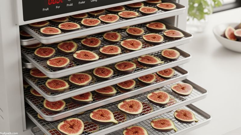 How to dry figs in a dehydrator at home showing halved figs drying evenly on stacked trays at low temperature.”