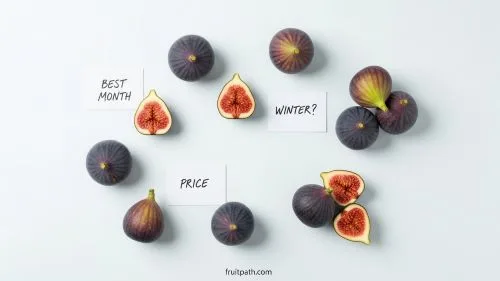 Flat lay of fresh figs with question cards about best month, winter availability, and prices