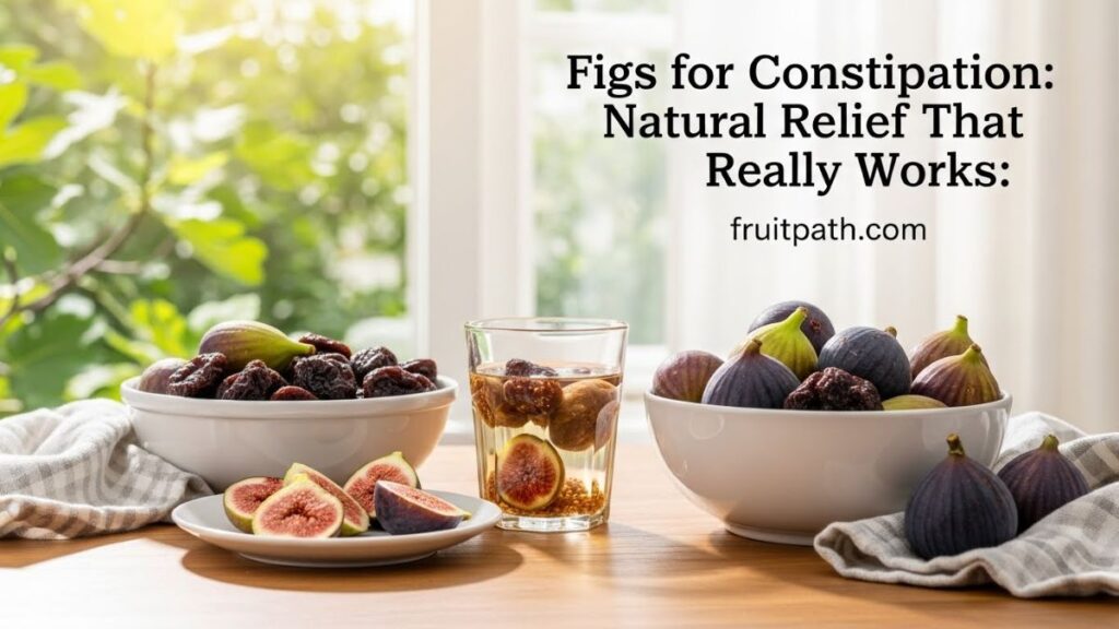 Figs for constipation displayed on a kitchen table with fresh and dried figs as a natural remedy for better digestion.