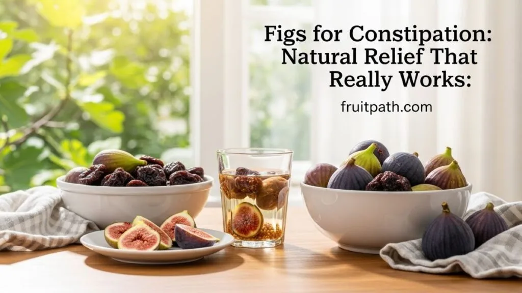 Figs for constipation displayed on a kitchen table with fresh and dried figs as a natural remedy for better digestion.