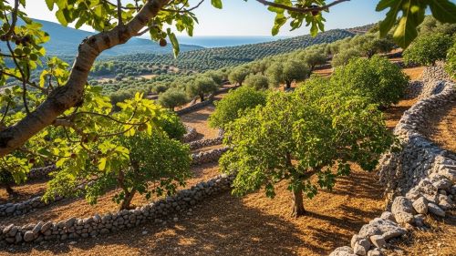 Mediterranean fig trees growing in a sunny coastal farm during summer harvest.