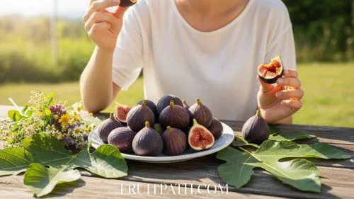 Person enjoying a ripe fresh fig outdoors during summer fig season.