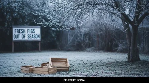Frost-covered fig tree in winter with empty fruit crates, showing why fresh figs are not available during the winter season.