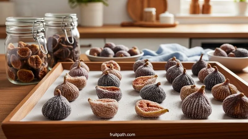 “Fully dried figs at home spaced for airflow, some lightly sugared, ready to store in airtight containers.”