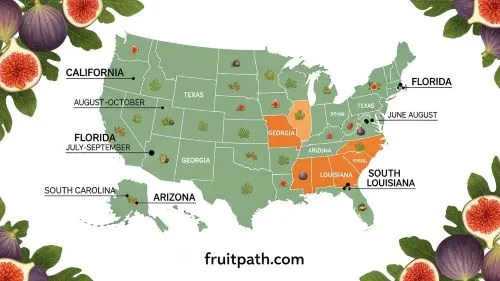 USA map infographic highlighting fig harvest months by state including California, Texas, Florida, Georgia, Arizona, South Carolina, and Louisiana.