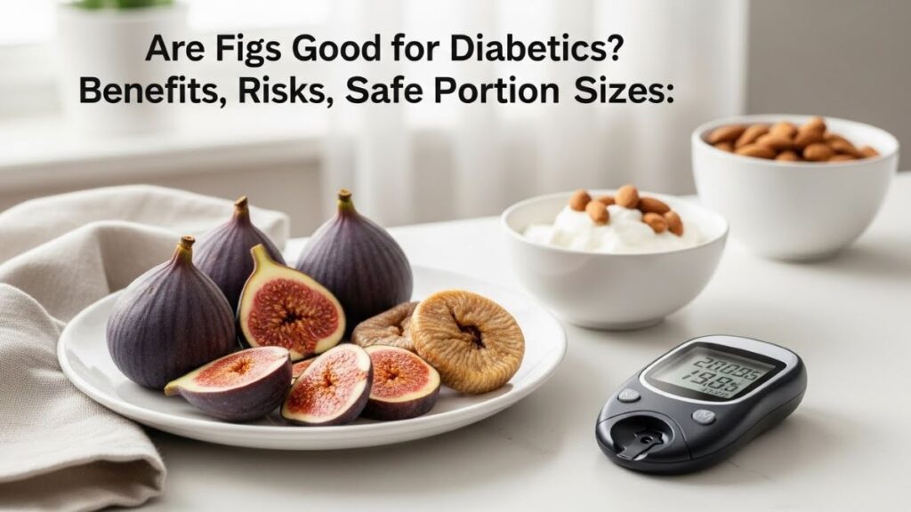 Fresh and dried figs with yogurt, almonds, and a blood sugar monitor showing stable levels for diabetes-friendly eating. the image showing are figs good for diabetics.