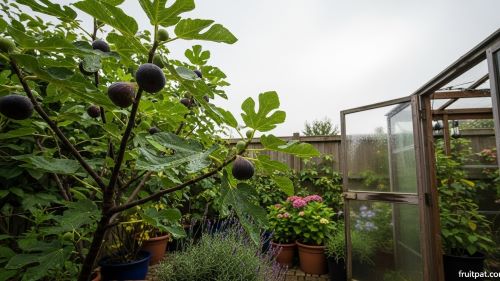 Fig tree producing ripe figs in a sheltered UK garden during late summer.
