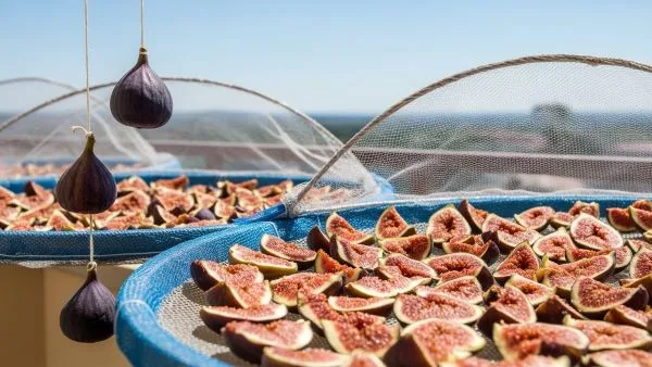 How to dry figs naturally in the sun at home showing halved figs on mesh trays and figs hanging on a string outdoors.”