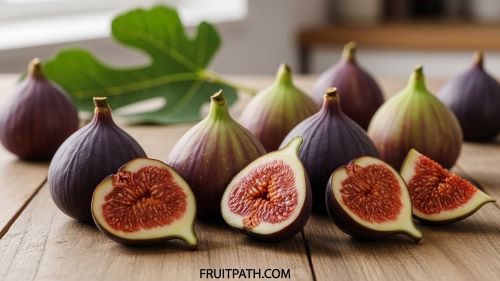 Fresh figs cut open showing sweet jelly center and tiny seeds on a wooden table.