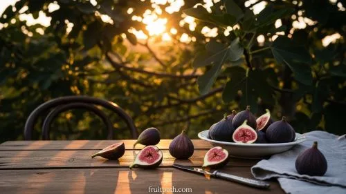 Fresh figs on a table with a fig tree in the background during summer, celebrating America’s short but flavorful fig season.