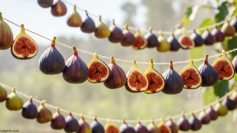 How to dry figs on a string at home naturally, showing figs hanging spaced apart to air-dry.”