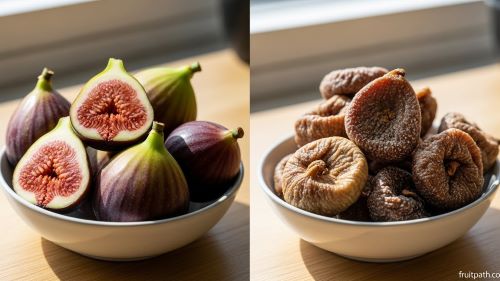 Fresh figs and dried figs in bowls showing the difference between them