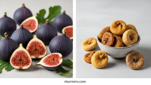 Fresh figs compared with dried figs showing seasonal versus year-round availability.