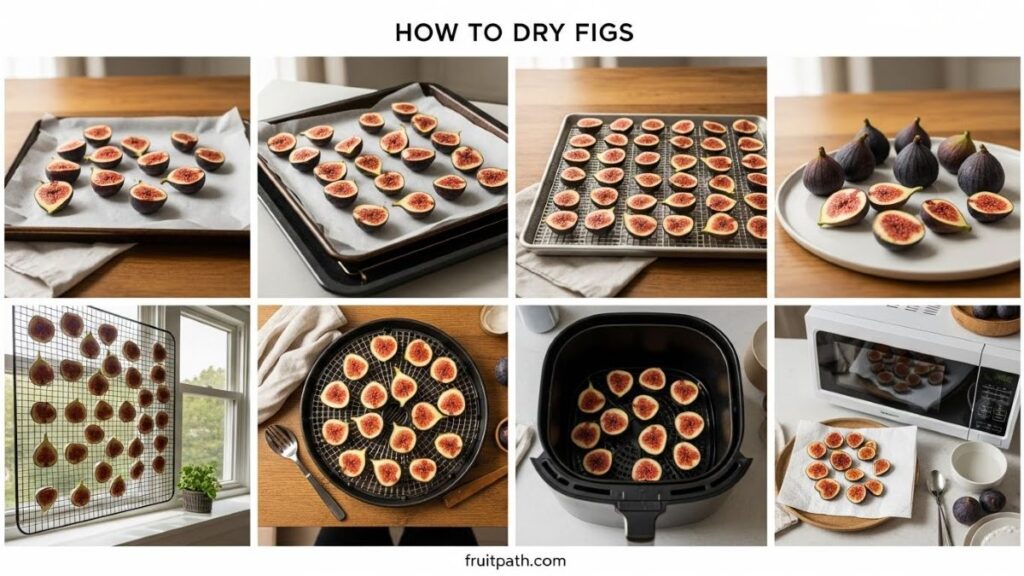 How to dry figs at home using different methods including oven drying, food dehydrator, sun drying, air fryer, and microwave shown in one image.