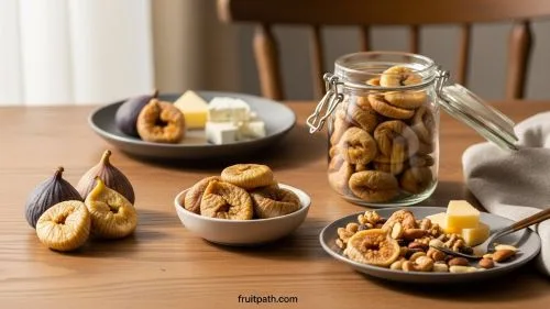 “Why dry figs at home showing fresh figs, dried figs, and different healthy uses like snacks, trail mix, and pairing with cheese.”