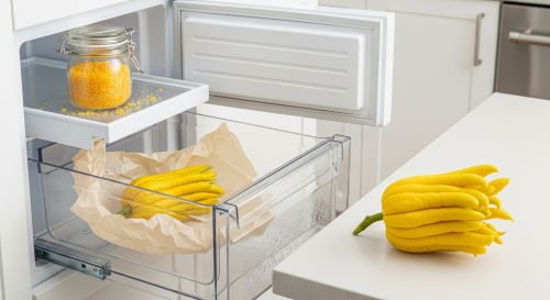 Proper storage of Buddha’s Hand citrus fruit showing room temperature, refrigerator, and frozen zest options.”