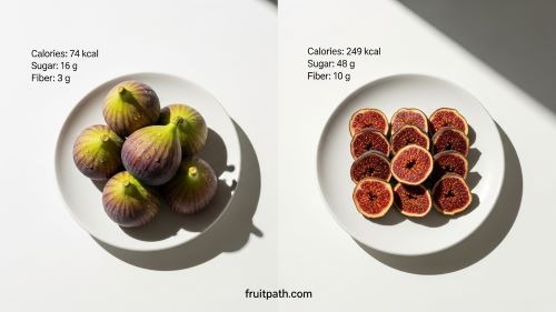 Fresh figs and dried figs side by side with nutrition facts for calories, sugar, and fiber for people with diabetes.
