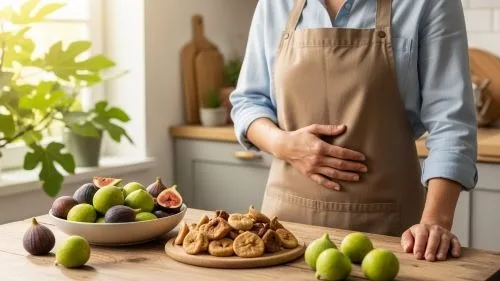 Fresh and dried figs in a bowl on a kitchen table, showing figs as a natural remedy for constipation and better digestion.
