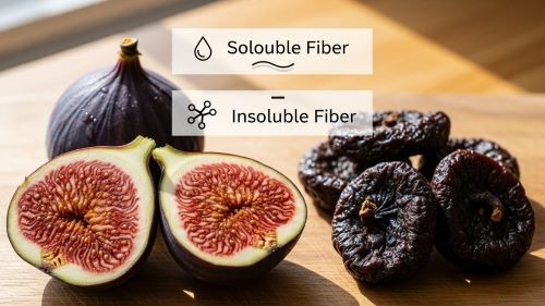 Alt Text:
Fresh and dried figs on a wooden board showing how figs are high in fiber and help relieve constipation naturally.
