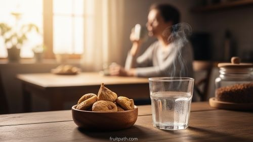 Bowl of dried figs with warm water showing figs as a gentle natural laxative for easing constipation.
