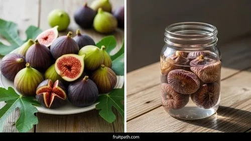 Fresh figs and soaked dried figs side by side showing fresh vs dried figs for better digestion and constipation relief.
