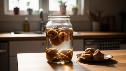 Soaked dried figs in warm water showing the morning fig soak method to use figs for constipation naturally.
