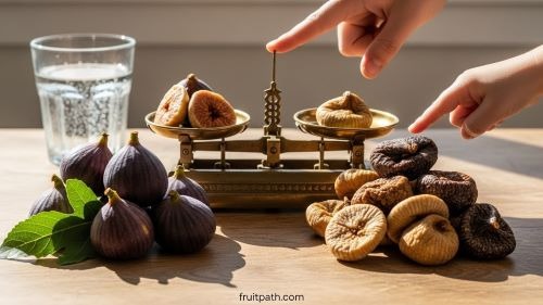 Fresh and dried figs with portion sizes showing how many figs to eat for constipation relief naturally.
