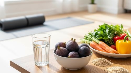 Figs with water, fiber-rich foods, and exercise items showing other tips for relieving constipation naturally.
