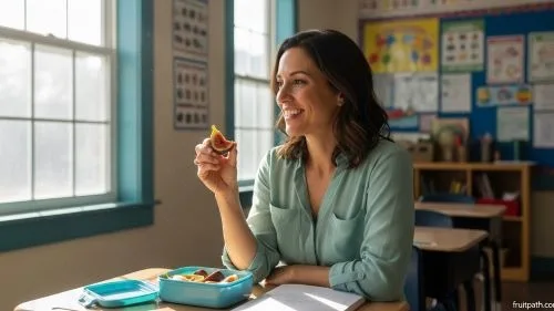 Teacher with prediabetes eating a fresh fig instead of a cookie to keep her blood sugar steady.