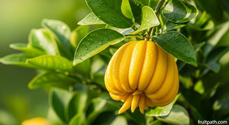 Buddha’s Hand citrus fruit with finger-like shape and bright yellow peel growing on a tree.