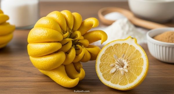 “Buddha’s Hand citrus fruit showing thick white pith and aromatic yellow zest, known for its mild sweet and floral flavor.”