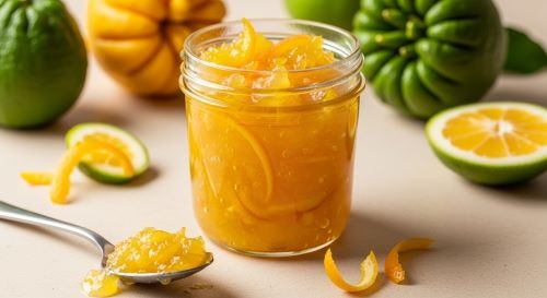 “Homemade Buddha’s Hand citrus marmalade in a glass jar with fresh fruit and zest, sweet and fragrant for toast, pancakes, or cakes.