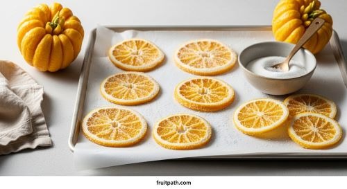 “Candied Buddha’s Hand citrus peel slices on a tray, sweet and fragrant, perfect for desserts, cake decorations, or gifting.”