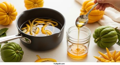 Buddha’s Hand citrus zest simmering in sugar and water to make simple syrup for cocktails and desserts