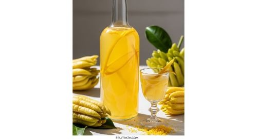 Homemade Buddha’s Hand citrus limoncello with peel strips in bottle and glass, fragrant and unique citrus drink.