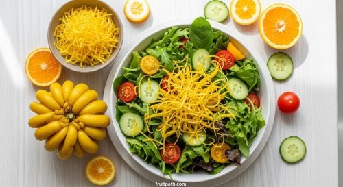 Fresh green salad topped with Buddha’s Hand citrus zest, adding mild citrus aroma and flavor