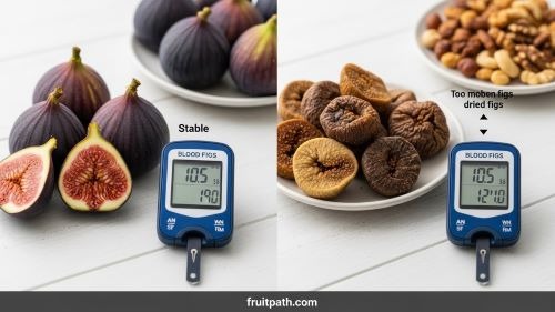 Fresh figs keep blood sugar steady while too many dried figs can raise blood sugar; shown with a snack of nuts for diabetes-friendly eating.

