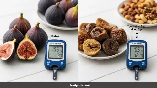 Fresh figs keep blood sugar steady while too many dried figs can raise blood sugar; shown with a snack of nuts for diabetes-friendly eating.