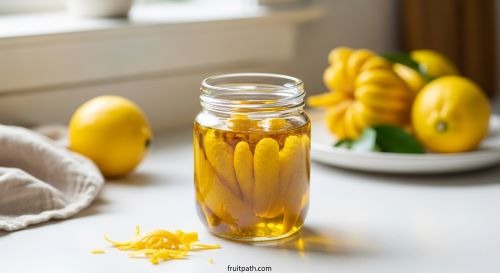 Homemade Buddha’s Hand citrus peel soaking in oil to create fragrant household and natural scent oil.