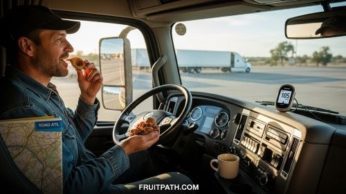 Truck driver with diabetes eating a small portion of dried figs and nuts while checking stable blood sugar levels.
