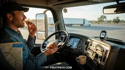 Truck driver with diabetes eating a small portion of dried figs and nuts while checking stable blood sugar levels.