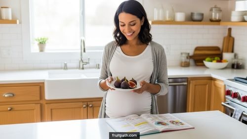 Pregnant woman with gestational diabetes eating fresh figs as recommended by her nutritionist.