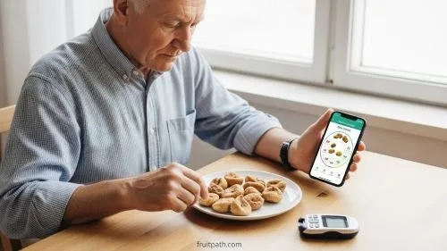 Retired man with diabetes measuring portion of dried figs using a smartphone app to keep blood sugar steady.