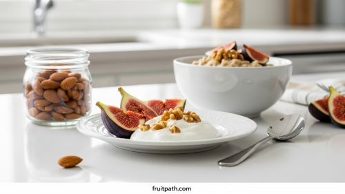 Diabetes-friendly fig snack: fresh figs with Greek yogurt and walnuts, with oatmeal and nuts on the side.

