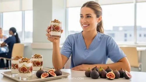 Nurse with diabetes enjoying a fig and yogurt parfait to keep her energy steady during work.