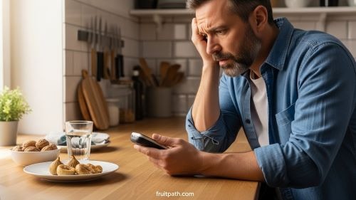 Man with diabetes checking blood sugar before eating dried figs to stay safe.

